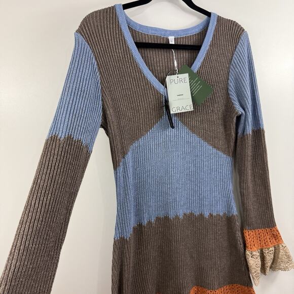 Bohemian Yohers New Colorblock Knit Crochet Ruffle Lace Trim Mini Dress Large - Picture 7 of 15